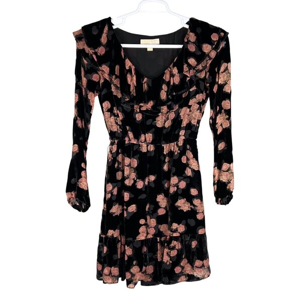 MICHAEL Michael Kors S Velvet Burnout Floral Long Sleeve Ruffle Silk Blend Dress - Picture 9 of 16
